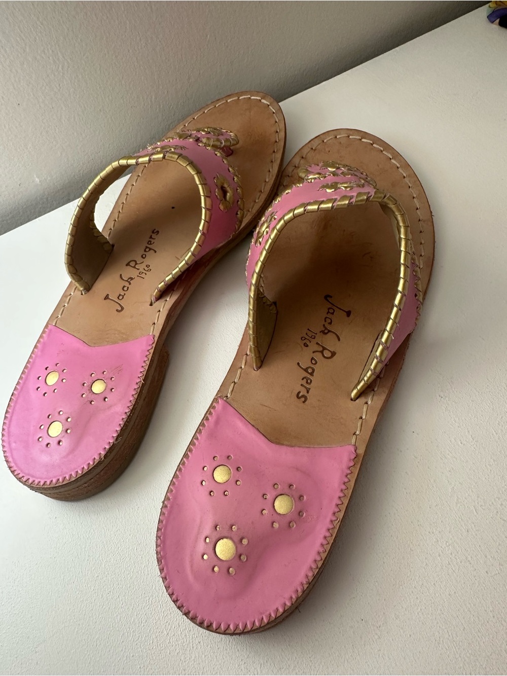 Jack Rogers Pink and Gold Sandals with Whipstitch Medallions - Picture 3 of 8